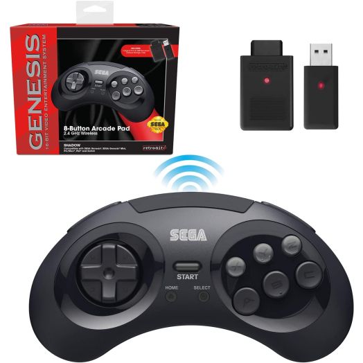 Retro-Bit Sega Genesis 2.4 GHz Wireless Controller 8-Button Arcade Pad for Sega Genesis Original/Mini, Switch, PC, Mac  Includes 2 Receivers and Storage Case - Black