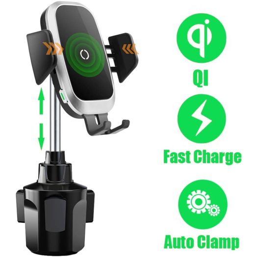 Cup Holder Phone Mount Wireless Car Charger, Auto Clamping QI Fast Wireless Charging Truck Bus Cell Phone Holder Compatible with iPhone 11 Pro Xs Xr X 8 Plus Samsung Galaxy S10 S9 S8 S7 Note 9 8