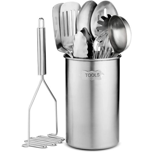 Stainless Steel Kitchen Utensil Set - 10 piece premium Non-Stick and Heat Resistant Kitchen Gadgets, Turner, Spaghetti Server, Ladle, Serving Spoons, Whisk, Tungs, Potato Masher and Utensil Holder