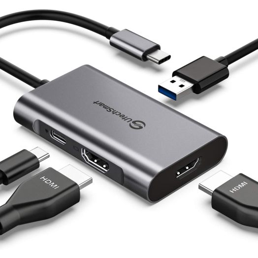 USB C to HDMI Adapter, UtechSmart USB C Hub to Dual HDMI, 4 in 1 Thunderbolt 3 to HDMI with 2 HDMI Ports 4K,USB 3.0 Port,Power Delivery Type C Port Compatible for MacBook,Nintendo Switch,USB C Device