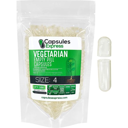 Capsules Express- Size 4 Clear Empty Vegan Capsules 100 Count - Kosher and Halal - Vegetarian/Vegetable Pill Capsule - DIY Powder Filling