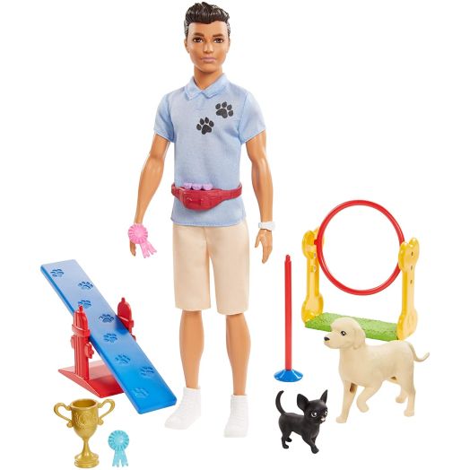 Ken Dog Trainer Playset with Doll, 2 Dog Figures, Hoop Ring, Balance Bar, Jumping Bar, Trophy and 2 Winner Ribbon