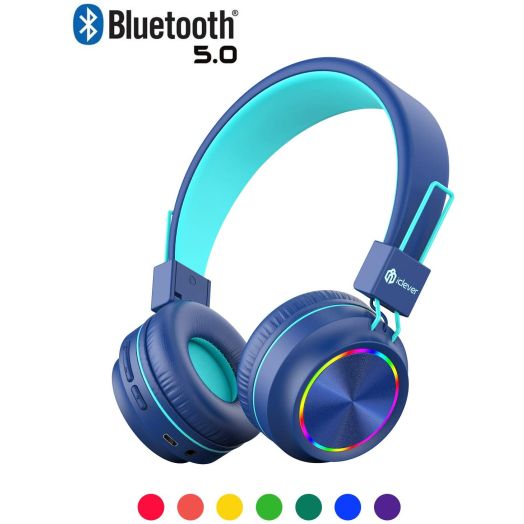 iClever BTH03 Kids Wireless Headphones, Colorful LED Lights Kids Headphones with MIC, 25H Playtime, Stereo Sound, Bluetooth 5.0, Foldable, Childrens Headphones on Ear for Study Tablet Airplane, Blue