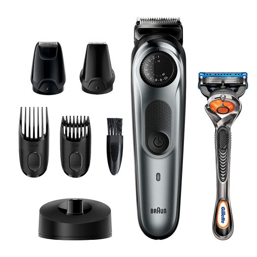 Braun Beard Trimmer for Men BT7240, Cordless and Rechargeable Hair Clipper, Detail Trimmer, Mini Foil Shaver with Gillette ProGlide Razor, Black/Silver Metal