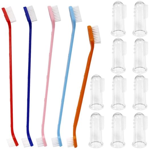 SourceTon Set of 15, Pet Toothbrush Set, 5 Dual Headed Toothbrush Dog Toothbrush and 10 Finger Toothbrush, for Dental Care of Dog and Cat