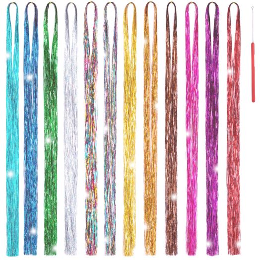 Hair Tinsel Strands Kit 47 Inches 12 Colors 2000 Strands Sparkling Party Tinsel Hair Extensions Highlights Multi-Colors Synthetic Hair Streak Bling12 color/set