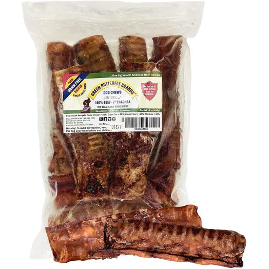 Green Butterfly Brands Dog Chews  Beef Trachea Dog Treat Chew Made in USA. Grass Fed Farm-Raised American Beef. Glucosamine Rich for Healthy Joints. All Natural Dental Chew