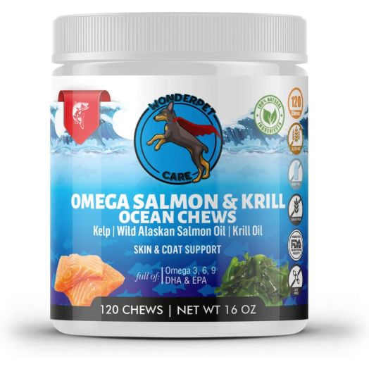 Wild Alaskan Salmon and Krill Oil Chews for Dogs | 120 Soft Treats | Omega 3 6 9 Fish Supplement with EPA, DHA for Itch Free Skin Coat Joints | Allergy Relief | Reduce Hair Shedding | Grain Free | USA