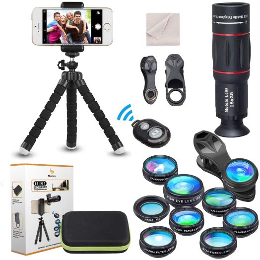 15 in 1 Universal Phone Camera Lens Kit 18X Telephoto Lens Wide Angle Lens,Macro Lens, Fisheye Lens,Kaleidoscope 3/6 Lens, CPL/Flow/Star/Radial Filter, Tripod, Remote Shutter for Most of Smartphone