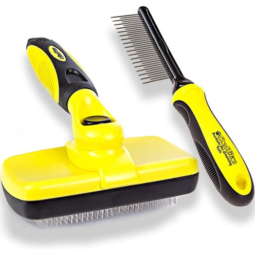 ShedTitan Self Cleaning Slicker Brush and Dematting Pet Comb Value Kit - Easy, Ideal Slicker Brush for Dogs, Goldendoodles, Poodles, Cats - Detangler Comb Removes Mats from Matted Hair, Fur for Dog, Cat
