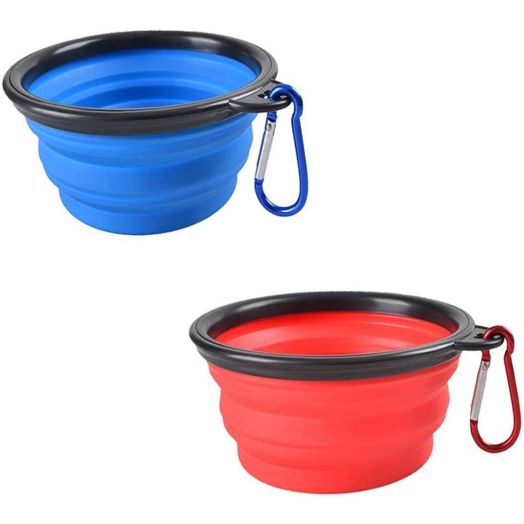 Emoly 2 Pack Large Size Collapsible Dog Bowl, Food Grade Silicone BPA Free, with Carabiner Clip Foldable Expandable Cup Dish for Pet Cat Food Water Feeding Portable Travel Bowl (Blue and Red)