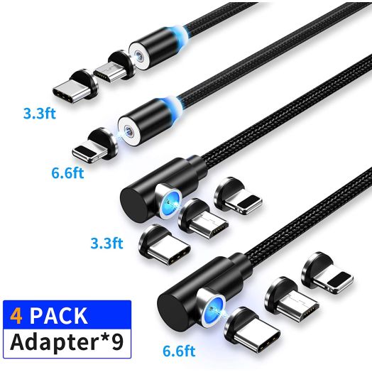 Magnetic Charging Cable (4 Pack,3ft/3ft/6ft/6ft), ZRSE 3-in-1 Nylon Braided Cord, Compatible with Mirco USB, Type C Smartphone and i-Product Device (4Pack 9tips)