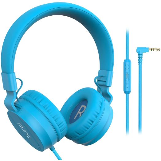 PuroBasic Volume Limiting Wired Headphones for Kids, Boys, Girls 2+ Foldable and Adjustable Headband w/Microphone, Compatible with iPad, iPhone, Android, PC and Mac by Puro Sound Labs, Blue