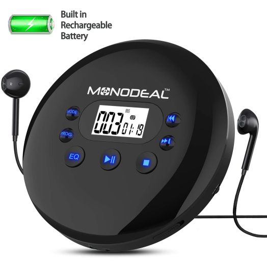 Portable CD Player, Monodeal Rechargeable Personal Compact Disc Player with Headphone Jack, Anti-Skip/Anti-Shock Small Music CD Walkman with Large LCD Display for Cars Adults Kids Students