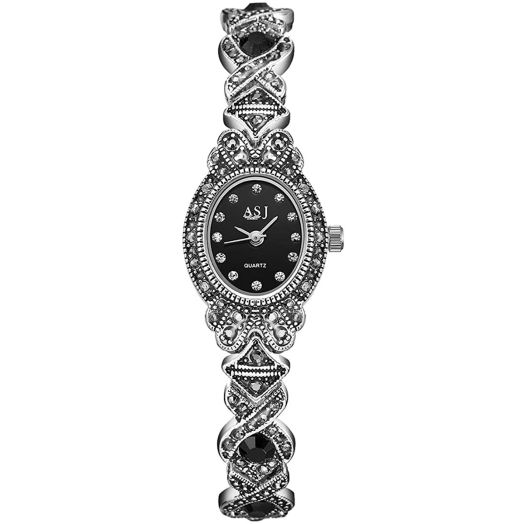 Black Gothic Retro Bracelet Watch,Women Rhinestone Oval dial Stainless Steel Strap Wrist Watches