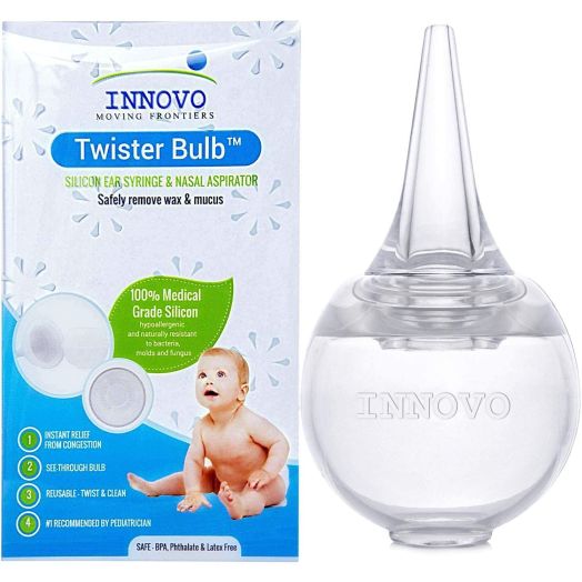 Innovo Hospital Grade  Silicone Twister Bulb Baby Ear Syringe and Nasal Aspirator, Snot Sucker and Mucus Sucker, Non-Toxic Nasal Ear Bulb, Cleanable and Reusable, Clear White