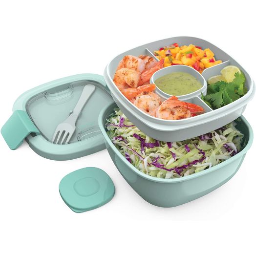 Bentgo Salad BPA-Free Lunch Container with Large 54-oz Bowl, 3-Compartment Bento-Style Tray for Salad Toppings and Snacks, 3-oz Sauce Container for Dressings, and Built-In Reusable Fork (Coastal Aqua)
