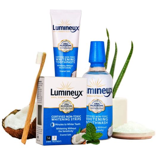 Lumineux Oral Essentials Teeth Whitening Kit - Includes 14 Whitening Strips, 7 Treatments | 1 Whitening Mouthwash, 1 Whitening Toothpaste and 1 Bamboo Toothbrush | Certified Non Toxic, Fluoride Free