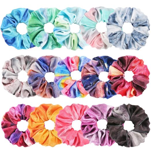 Tie Dye Velvet Scrunchies for Hair, Funtopia 15 Pcs Velvet Hair Scrunchies in Gradient Color, Soft Hair Bands Rainbow Scrunchies for Women and Girls
