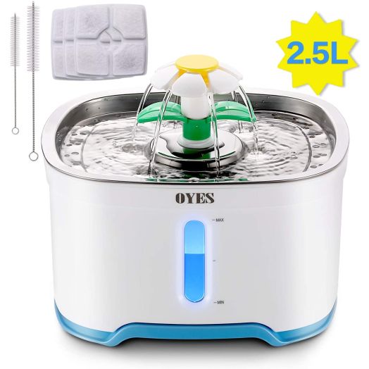 OYES Cat Water Fountain Stainless Steel, 2.5L Pet Water Fountain Dispenser for Cats and Dogs with 3 Replacement Filtersand2 Brushes