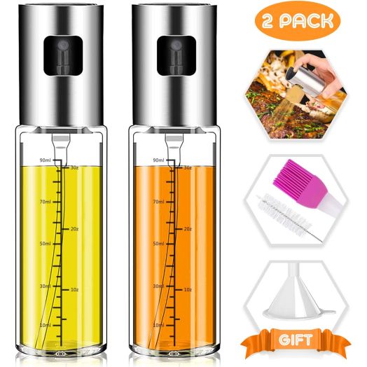 Olive Oil Sprayer,Norbase 2pack Oil Dispenser Mister for Cook Refillable Oil and Vinegar Dispenser Glass Bottle with Measurements for BBQ Baking Roasting Frying Oil Control Diet 100ml with Brush Funne