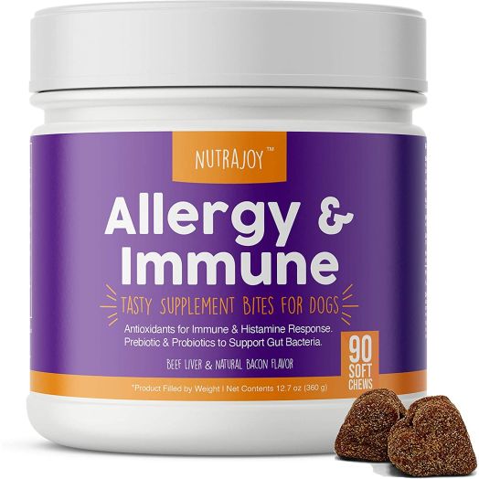 Nutrajoy Dog Allergy Relief and Immune Supplement Chews - with Omega 3 Wild Alaskan Salmon Fish Oil + Quercetin with Bromelain and Digestive Probiotics