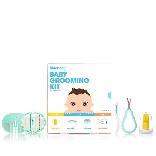 FridaBaby Grooming Kit Includes Finger Brush with Storage Stand Hair Brush with Case Styling Hair Comb Easy Grip Nail Scissors with Nail File and Case