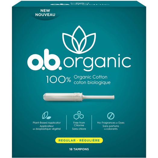 o.b. Organic Tampons with New Plant-Based Applicator*, 100% Organic Cotton, Regular, 18 Count