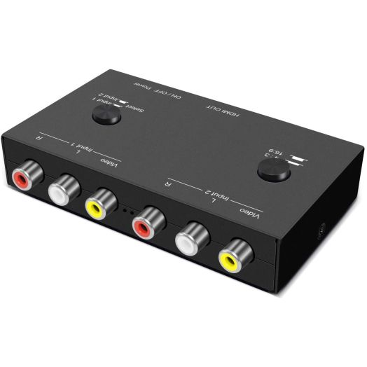 2 Port AV to HDMI Converter, RCA to HDMI Adapter, Dual AV to HDMI Converter, Composite to HDMI Adapter Support 16:9/4:3 Compatible with WII, N64, PS1, PS2, PS3, VHS, VCR DVD Players etc(2 AV in 1 HDM