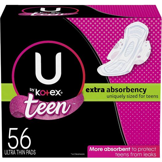 U by Kotex Ultra Thin Teen Feminine Pads with Wings, Extra Absorbency, Unscented, 56 Count (4 Packs of 14) (Packaging May Vary)