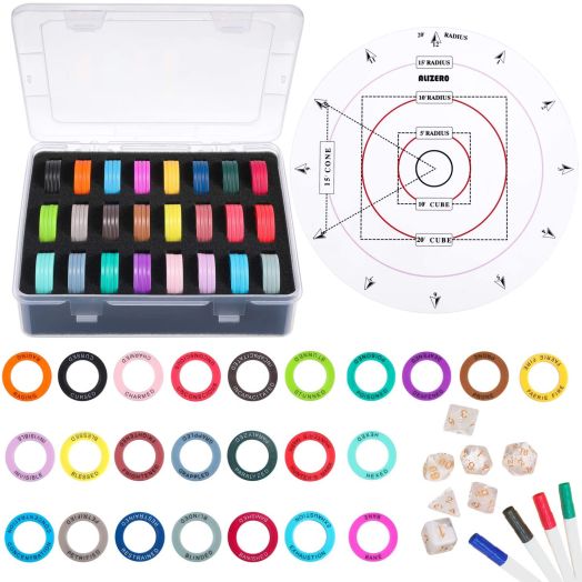 ALIZERO Tabletop RPG DND Condition Markers Set and Spell AOE Damage Marker DandD Area Effect Template, with 96 DND Status Effect Markers in 24 Frequently Used Conditions
