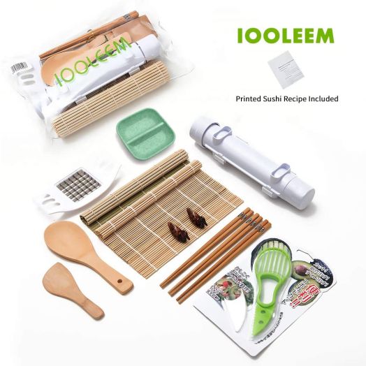 IOOLEEM 15 Pieces Sushi Making Kit, Ideal beginner's Sushi Maker, all-in-one sushi making set, Bamboo Sushi maker, Sushi Bazooka, Sushi mats