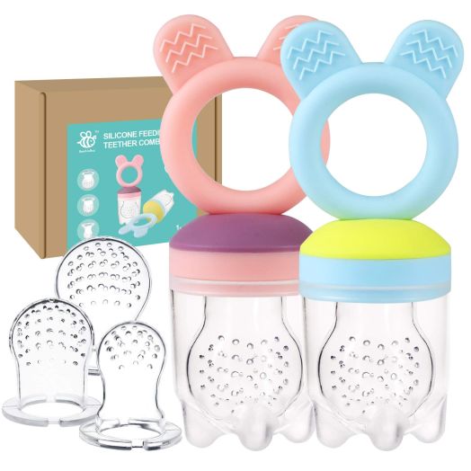 bumblebee Baby Fruit Food Feeder PacifierTeether Toys Set - Silicone Fresh Food Feeder Teether with 3 mesh Silicone Bags and Teething Toys All in One Infant Teether Toys-2 Packs