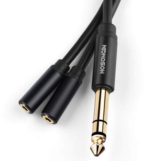 6.35mm 1/4 inch TRS to Dual 3.5mm 1/8 inch Female Headphone Splitter Y Cable Adapter, HOSONGIN 1/4 Inch 6.35mm Stereo Plug Male to Dual 1/8 Inch 3.5mm Jack Female, Black, 1.5Ft