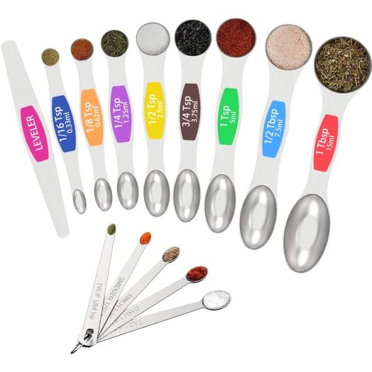 Wildone 14 Piece Stainless Steel Measuring Spoons Set, Including 8 Double Sided Magnetic Measuring Spoons, 1 Leveler and 5 Mini Measuring Spoons, for Dry and Liquid Ingredients, Fits in Spice Jar