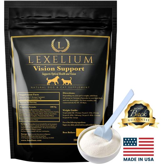 Lexelium Vision Support and Eye Sight Supplement for Dogs and Cats | Fortified with Zeaxanthin, Bilberry, Lutein, and Beta Carotene |200 Grams