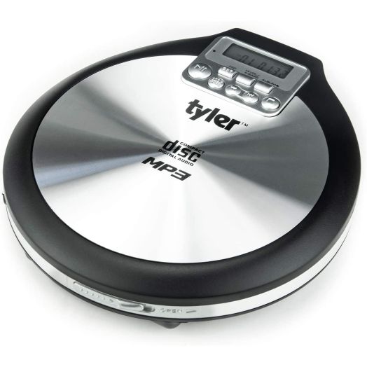 Tyler TDM-01 Portable CD Player - Multi-Function Music Device for Compact Disc, CD-R, CD-RW, CD-MP3 - X-Bass Stereo Sound and Anti-Shock - Rechargeable Unit with Pro-Earbuds - Black and Silver Design