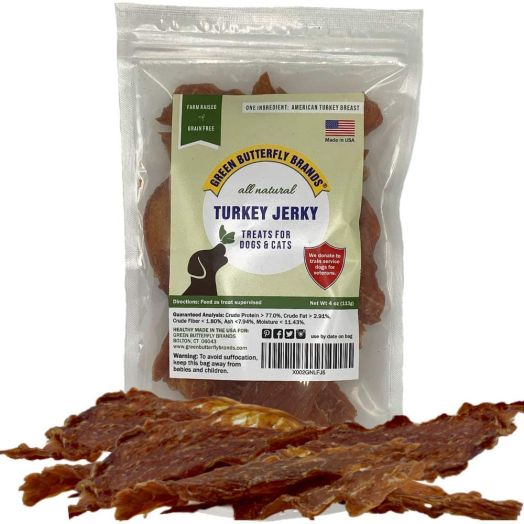 Green Butterfly Brands Dog Jerky Treats  Premium Turkey Breast  Dog Treats Made in USA Only. All Natural  Grain Free, No Preservatives  Turkey Jerky for Dogs and Cats  Irresistible Training Treat