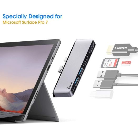 Surface Pro 7 Hub Docking Station, 1ASALL USB C Hub Adapter for Surface Pro 7, USB A and USB C Port Converter with 4K HDMI, SD/TF Card Reader, USB-C 5Gbps Data Port, and 2 USB 3.0 Ports. (Silver)