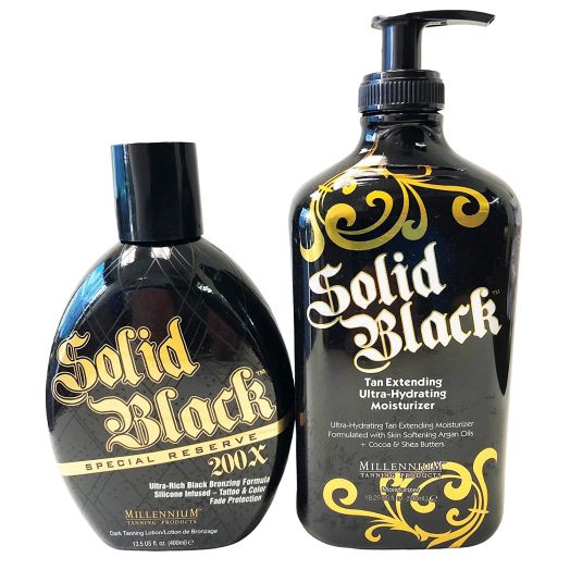 2-PACK Millennium Tanning SOLID BLACK SPECIAL RESERVE 200X Bronzer 13.5 oz and SOLID BLACK TAN EXTENDER Moisturizer Lotion 18.25 oz