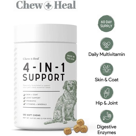 Chew + Heal All in 1 Dog Multivitamin - 120 Soft Chews - Chewable Vitamins with Probiotics, Digestive Enzymes, for Skin and Coat, Hip and Joint Support - with Omega, Calcium, Vitamins A, B, C, D, E