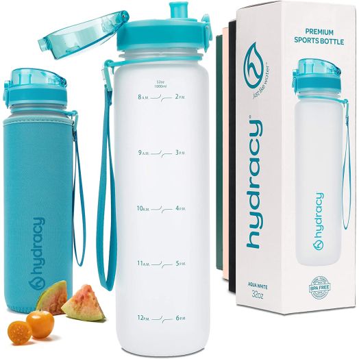 Hydracy Water Bottle with Time Marker - Large BPA Free Water Bottle - Leak Proof and No Sweat Gym Bottle with Fruit Infuser Strainer - Ideal for Fitness or Sports and Outdoors