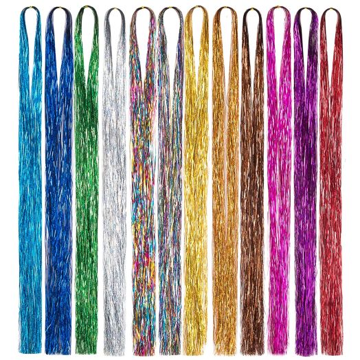 47 Inch 12 Colors Hair Tinsel With Tool Sparkling Dazzle Glitter Shiny Hair Extensions Hair Silk Tinsel47 inch,12 Color,2000 Strands