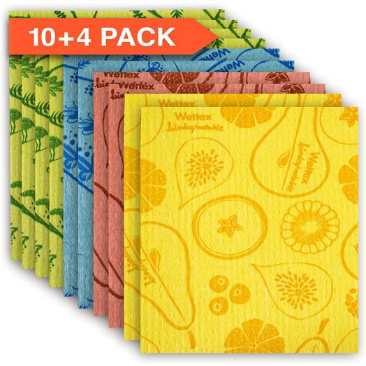 Wettex The Original Swedish Dishcloths Bonus Pack of 10+4 Biodegradable, Eco-Friendly, No Odor, 15x Absorbent Cellulose Sponge Cloth (Assorted Colors 10+4 pkt)