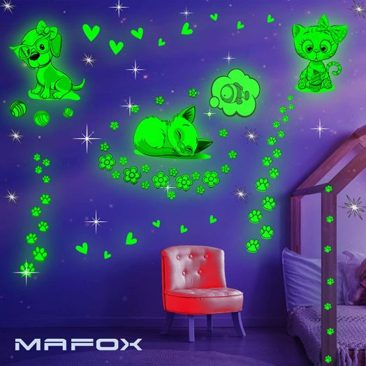 Glow in The Dark Cat Stickers with Dog and Fish, Wall Decals Sticker for Kids Bedding Room, Great for Birthday Gift Glowing Cat for Girls and Boys