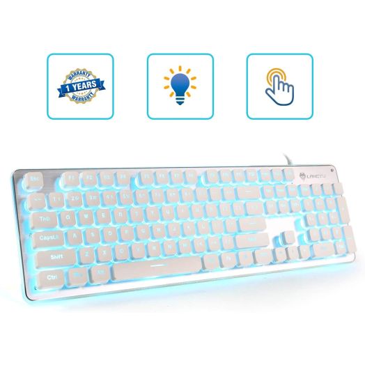 LED Computer Keyboard, LANGTU USB Wired Keyboard for Gaming and Office, All-Metal Panel 104 Keys Quiet Membrane Keyboard with Blue Backlit - L2 White/Silver