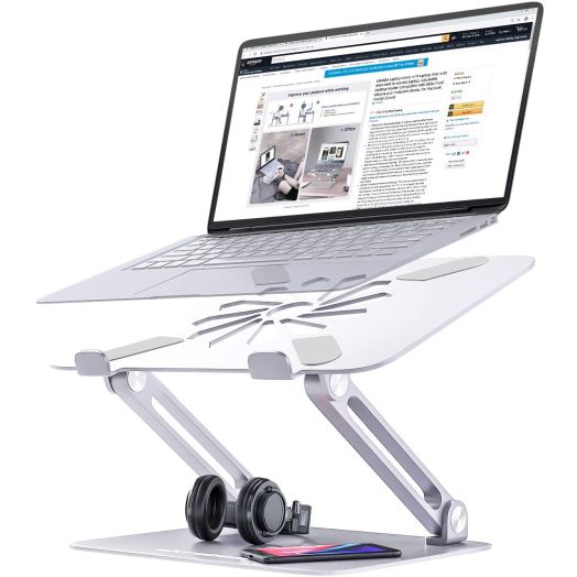 Skrebba Laptop Stand, EPN Laptop Riser with Heat-Vent to Elevate Laptop, Adjustable Desktop Holder Compatible with Slide-Proof Silicone and Protective Hooks, for MacBook Pro/Air (Silver)