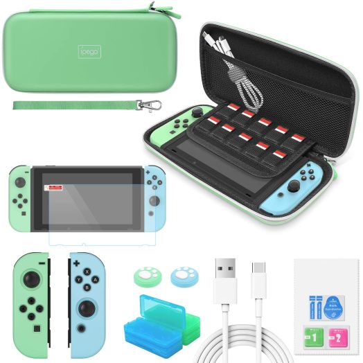 Switch Accessories Bundle - YUANHOT Essential Kit for Nintendo Switch with Carrying Storage Case, Screen Protector, Joy-Con Protective Cover, Games Holder, Thumb Grip Pack and USB C Cable  Green