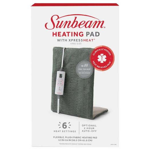 Sunbeam Xpress Heating Pad for Back, Neck, and Shoulder Pain Relief with Auto Shut Off and 6 Heat Settings, King Size 12 x 24", (Slate Grey) - 12 VOLTS