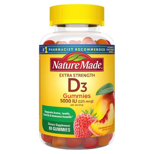 Nature Made Extra Strength Vitamin D3 5000 IU (125 mcg) Gummies Strawberry, Peach, Mango